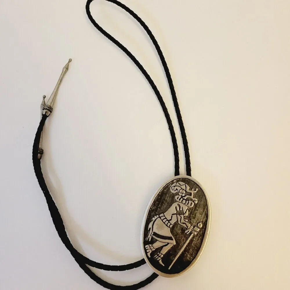 Vintage Pewter Metal Leather Native Dancer Silhouette Bolo Tie